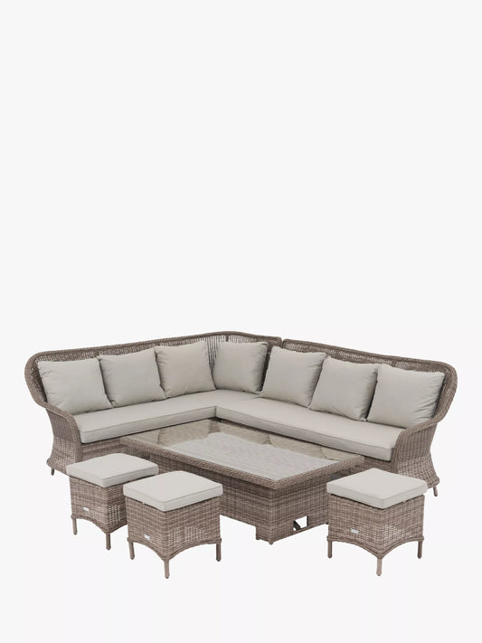 John Lewis Rye Woven 6-Seater Corner Garden Sofa with Dining/Lounging Table & 3 Footstools Set, Natural 