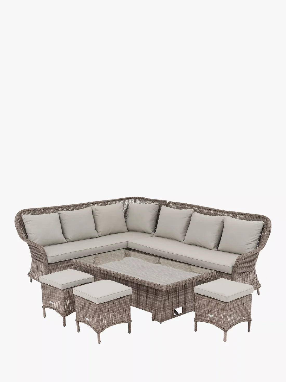 John Lewis Rye Woven 6-Seater Corner Garden Sofa with Dining/Lounging Table & 1 Footstools Set, Natural