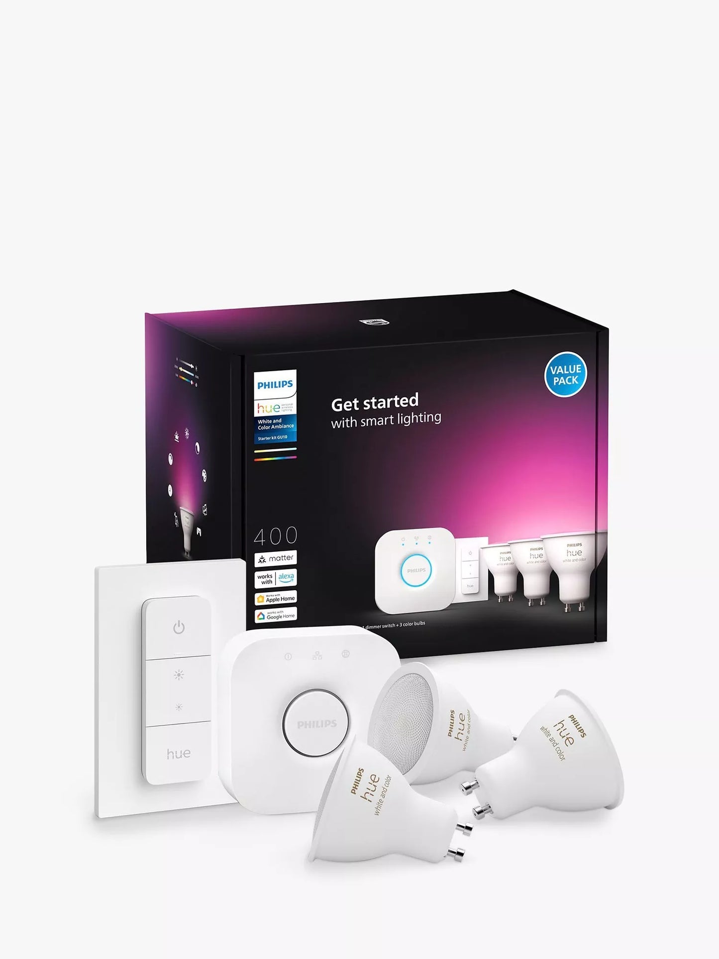 Philips Hue White and Colour Ambiance Wireless Lighting LED Starter Kit with 3x