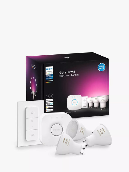 Philips Hue White and Colour Ambiance Wireless Lighting LED Starter Kit with 3x