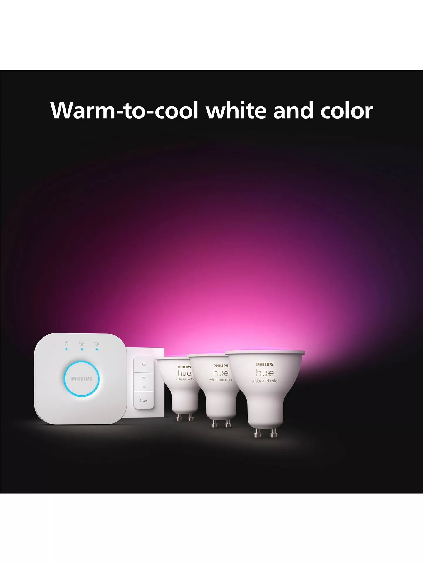 Philips Hue White and Colour Ambiance Wireless Lighting LED Starter Kit with 3x GU10 Bulbs with Bluetooth, Dimmer Switch & Bridge