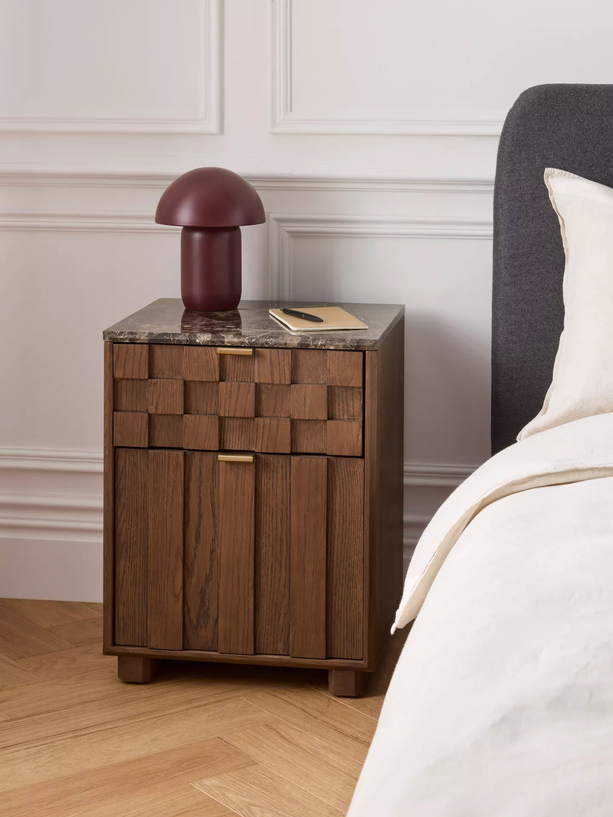 John Lewis Check & Stripe Bedside Table, Dark Wood