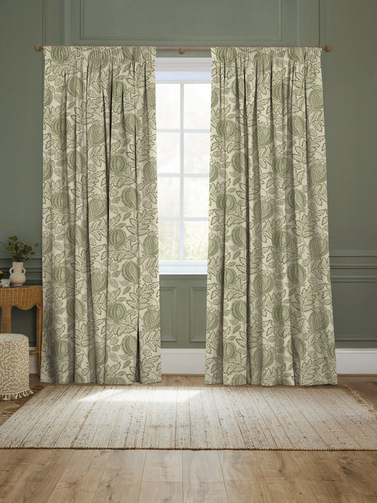 John Lewis x Sanderson Cantaloupe Lined Pencil Pleat Curtains, Pesto, H228 x Dro