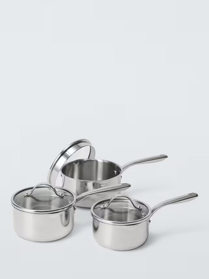 John Lewis 'The Pan' Stainless Steel Uncoated Saucepan Only Set, 3 Piece (No Lids Included)