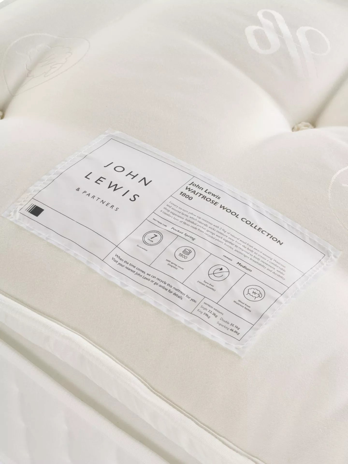 John Lewis Single Mattress Waitrose Wool 1800 Pocket Spring Pillowtop Medium Tension