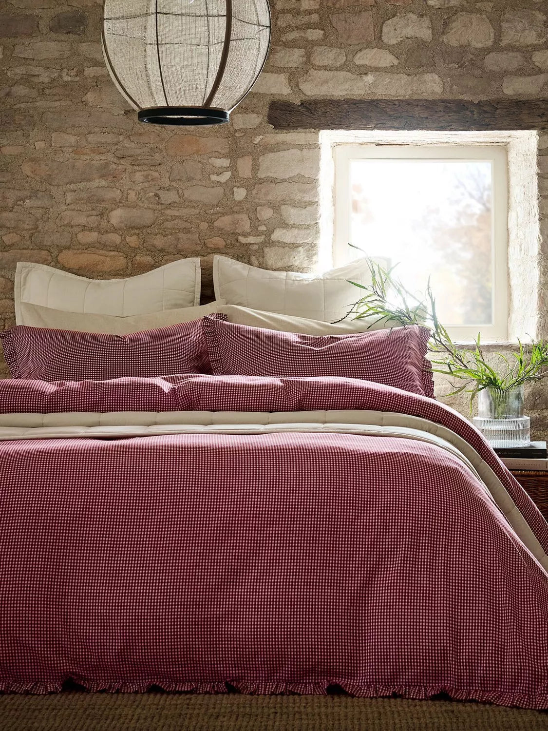Christy Gingham Ruffle Double Duvet Cover Set, Red