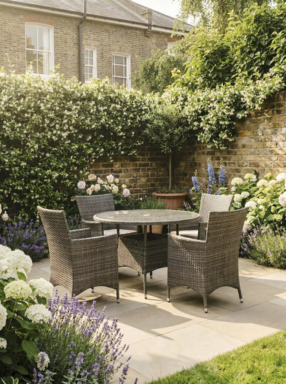 John Lewis Alora Woven Rattan 4-Seater Round Garden Dining Table & Chairs Set, Grey
