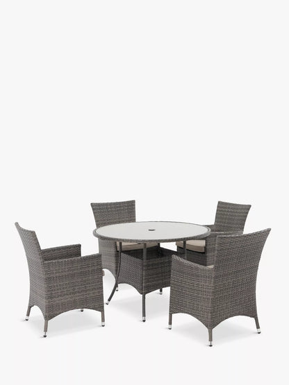 John Lewis Alora Woven Rattan 4-Seater Round Garden Dining Table & Chairs Set, Grey