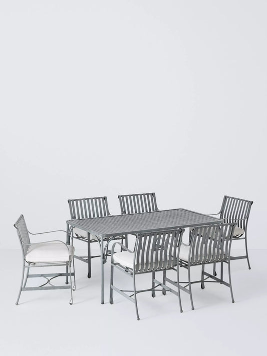 John Lewis Ribbon 6-Seater Rectangular Metal Garden Dining Table & Chairs Set, Grey