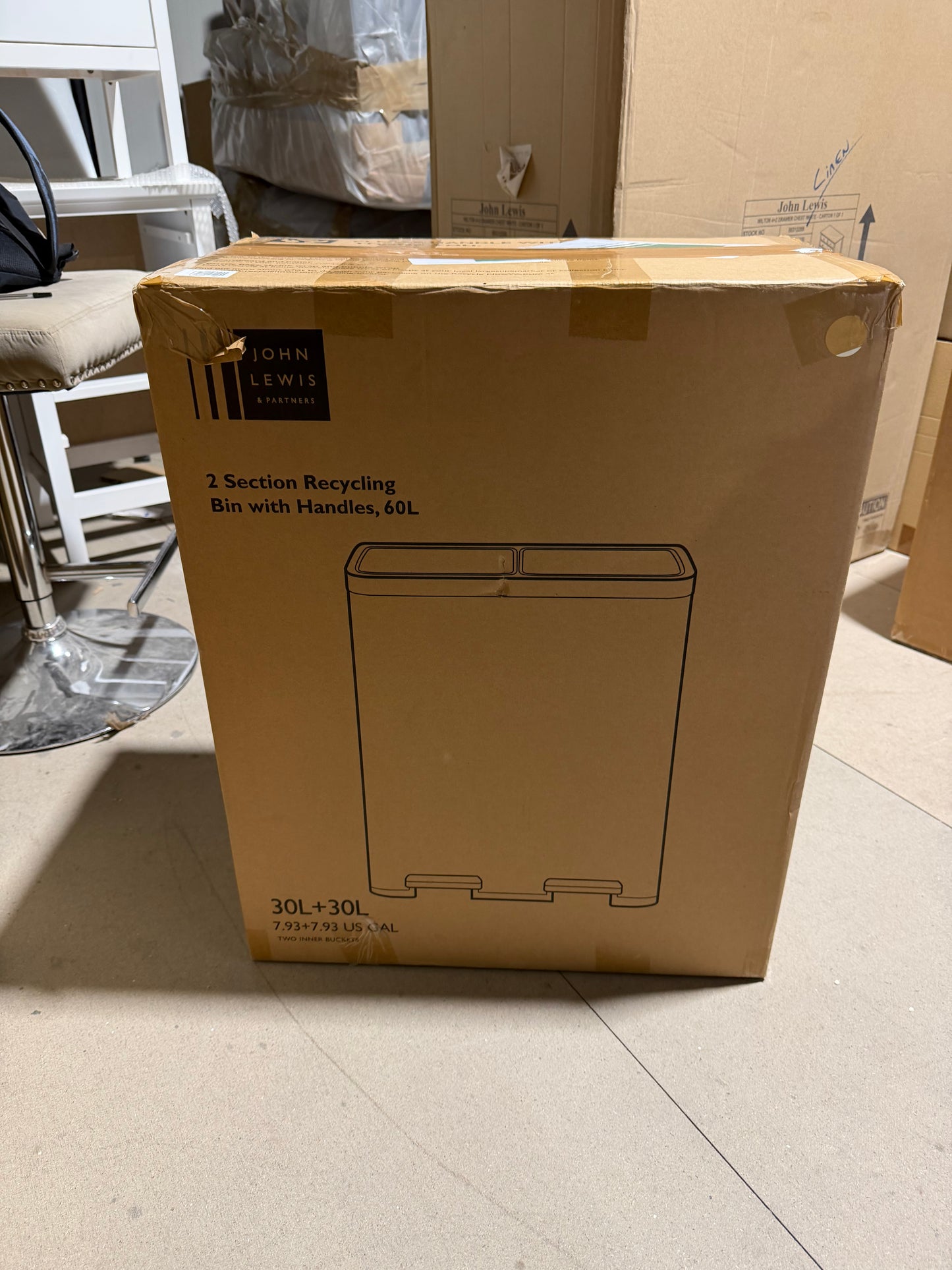 John Lewis 2 Section Recycling Bin, with Handles, 60L, Stone
