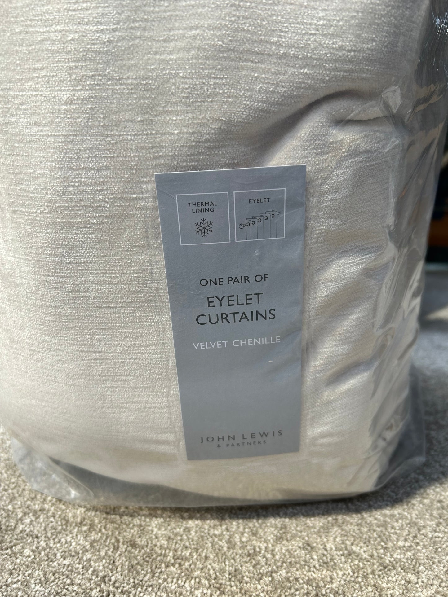 John Lewis Velvet Chenille Pair Heavyweight Thermal Lined Eyelet Curtains, Chalk Cream, W167 x Drop 182cm