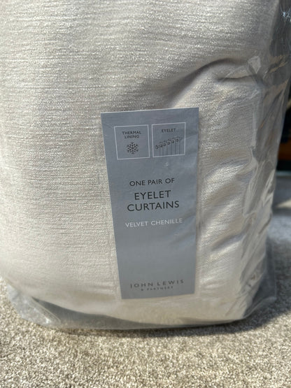 John Lewis Velvet Chenille Pair Heavyweight Thermal Lined Eyelet Curtains, Chalk Cream, W167 x Drop 182cm