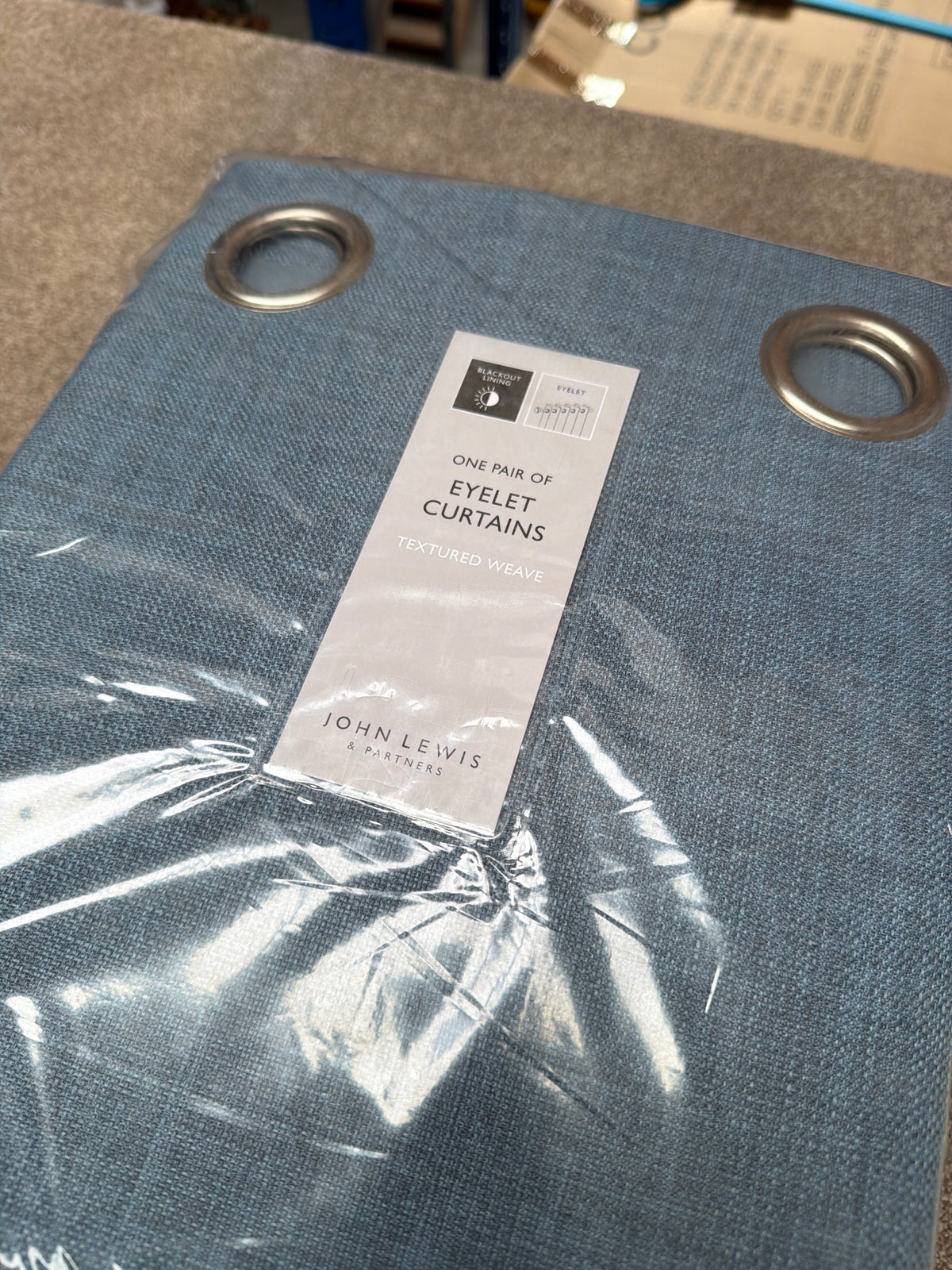 John Lewis Textured Weave Pair Blackout Lined Eyelet Curtains, Blue, W228 x Drop 182cm