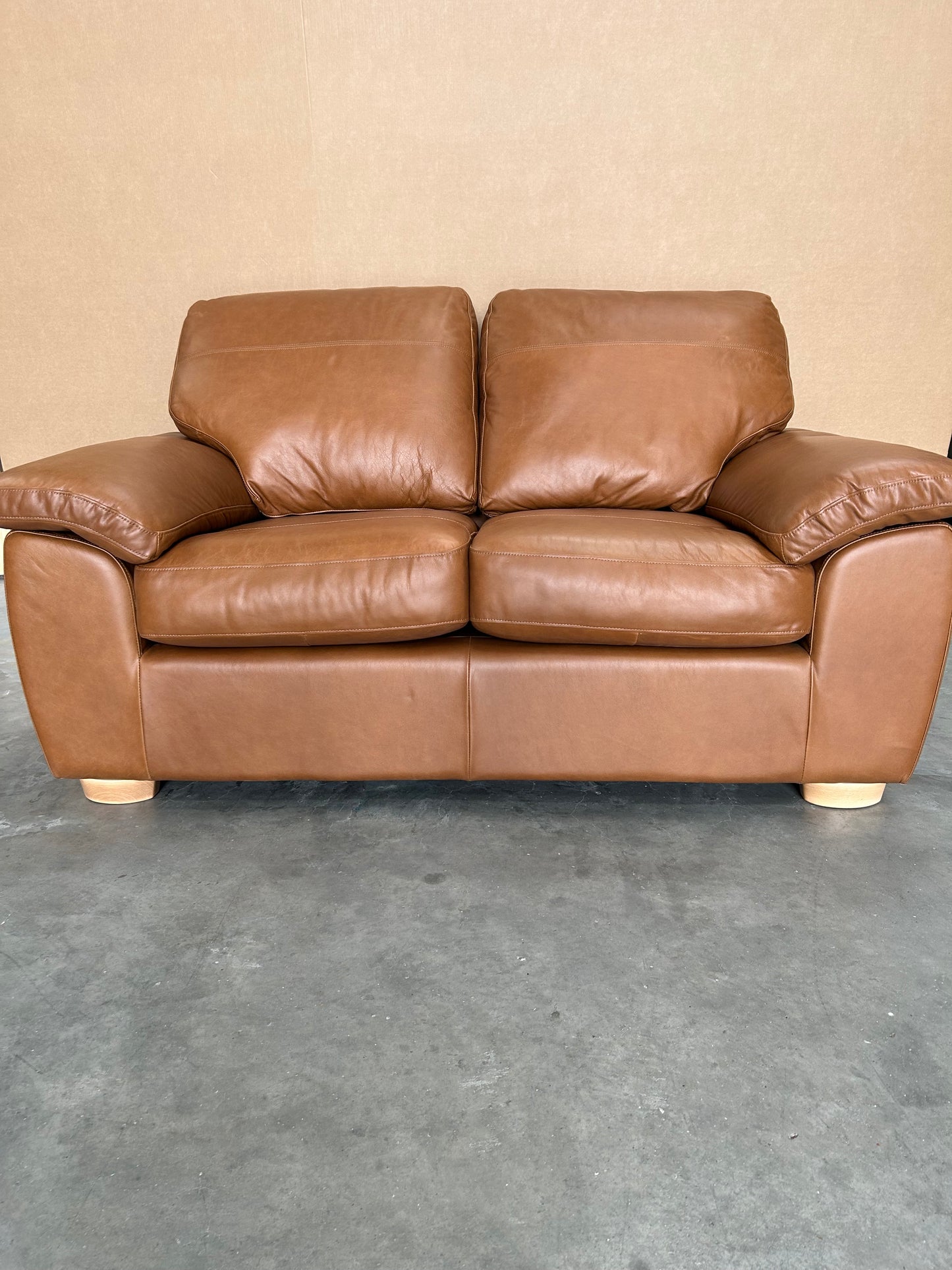 John Lewis Camden Small 2 Seater Leather Sofa, Light Leg, Premium Caramel