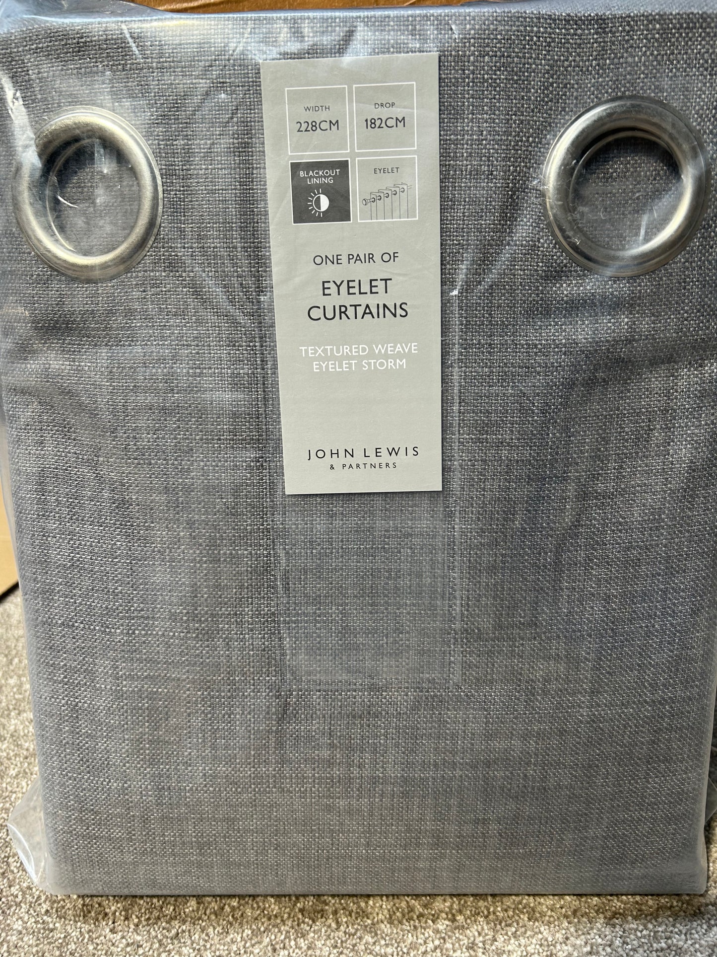 John Lewis Textured Weave Pair Blackout Lined Eyelet Curtains, Storm, W228 x Drop 182cm