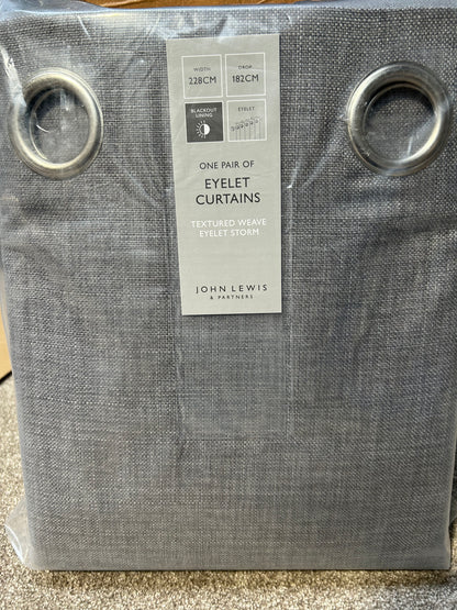 John Lewis Textured Weave Pair Blackout Lined Eyelet Curtains, Storm, W228 x Drop 182cm