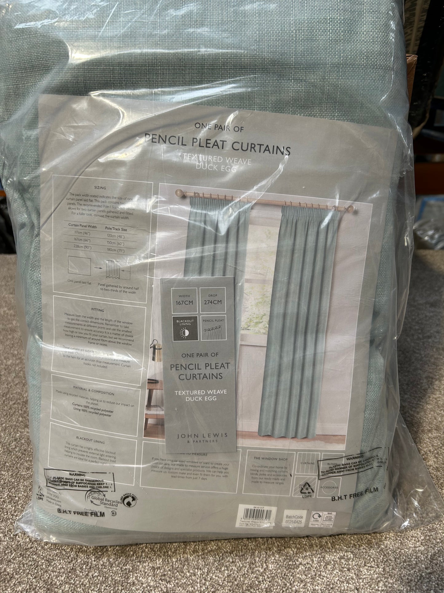 John Lewis Textured Weave Pair Blackout Lined Pencil Pleat Curtains, Duck Egg, W167 x Drop 274cm