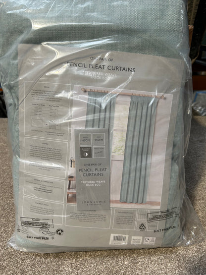 John Lewis Textured Weave Pair Blackout Lined Pencil Pleat Curtains, Duck Egg, W167 x Drop 274cm