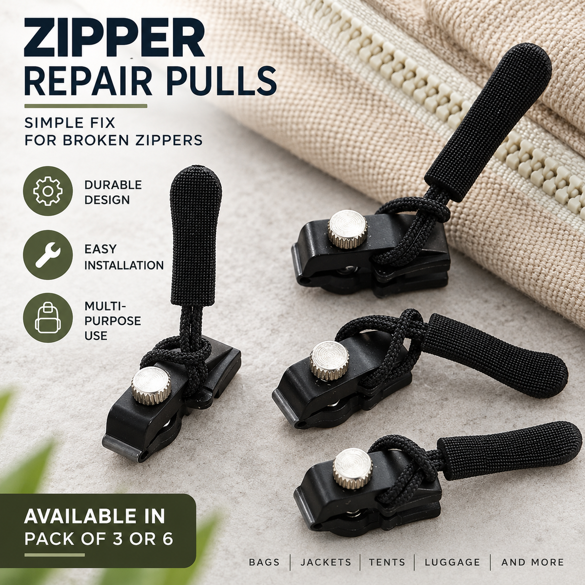 FIX A ZIPPER Universal Repair Kit 3 Sizes Zip Fixer Slider Clip Replacement