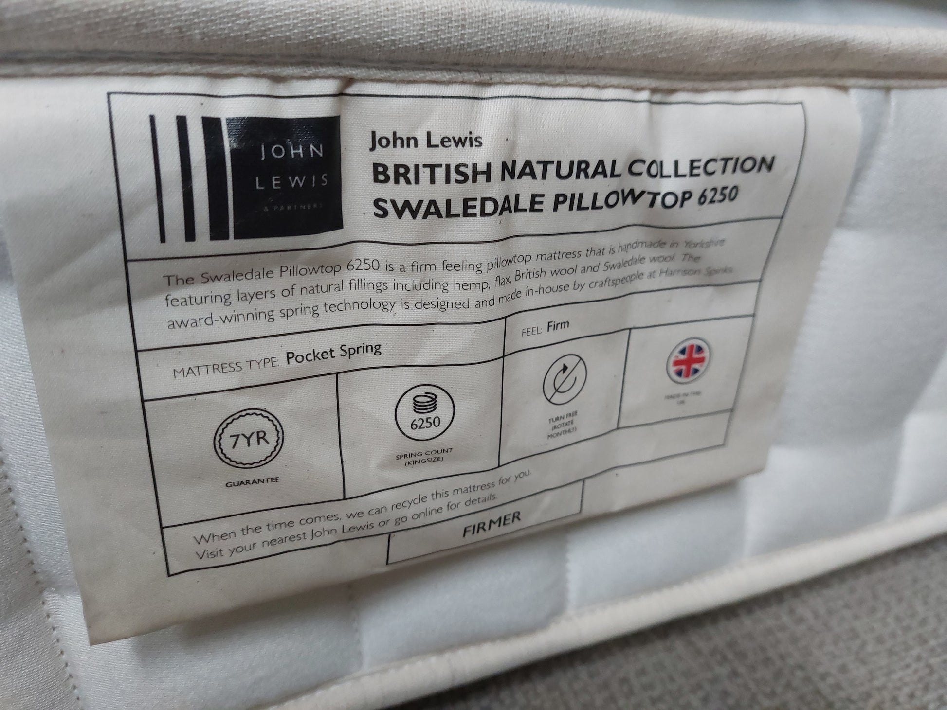 John Lewis British Natural Collection Swaledale Pillowtop 6250 Mattress, Firmer Tension, Double