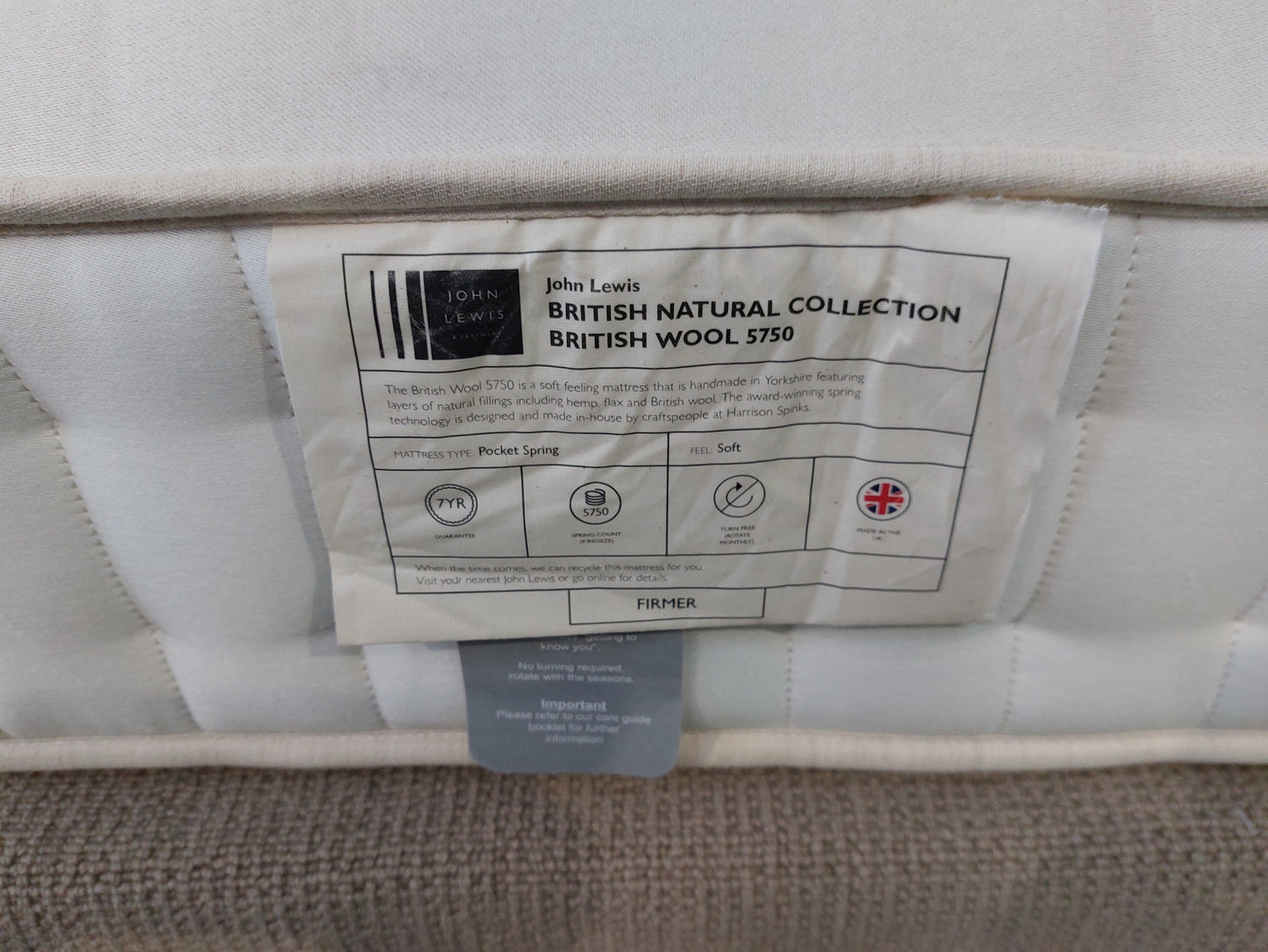 John Lewis British Natural Collection, Wool 5750 Mattress, Firmer Tension, Double