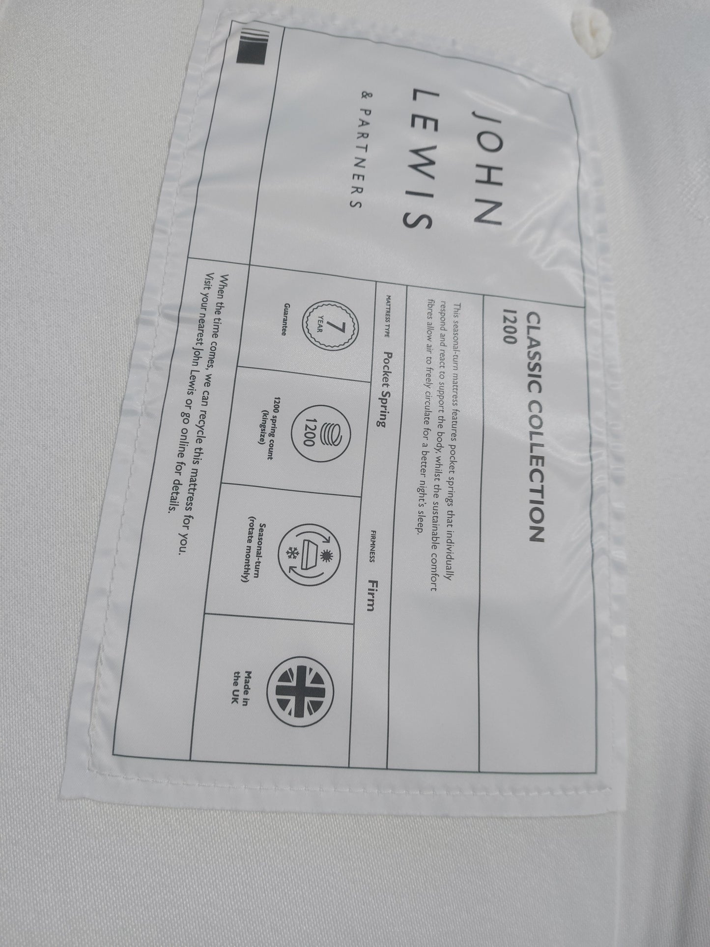 John Lewis Classic Collection 1200 Pocket Spring Mattress, Firm Tension, King Size