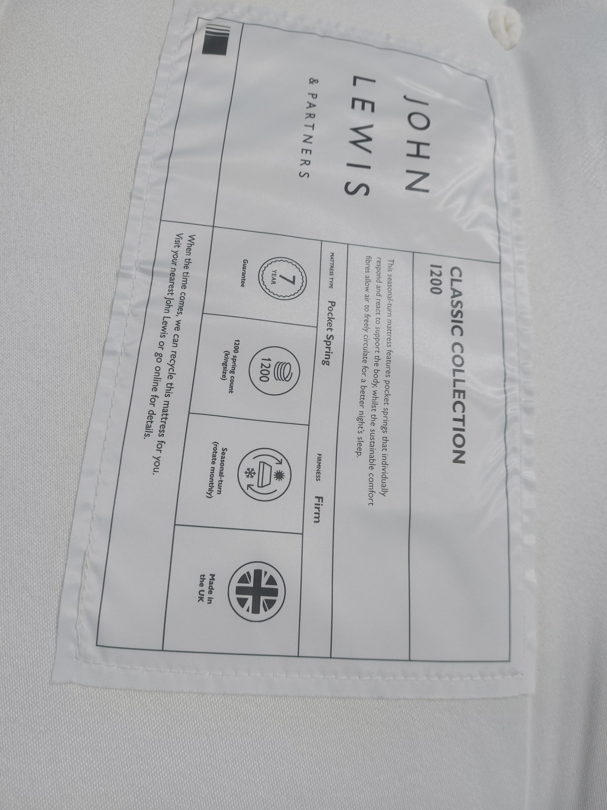 John Lewis Classic Collection 1200 Pocket Spring Mattress, Firm Tension, King Size