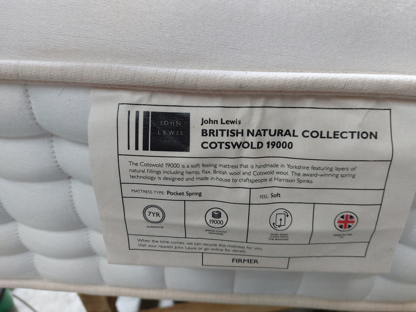 John Lewis British Cotswold 19000 Mattress Firmer Tension King Size