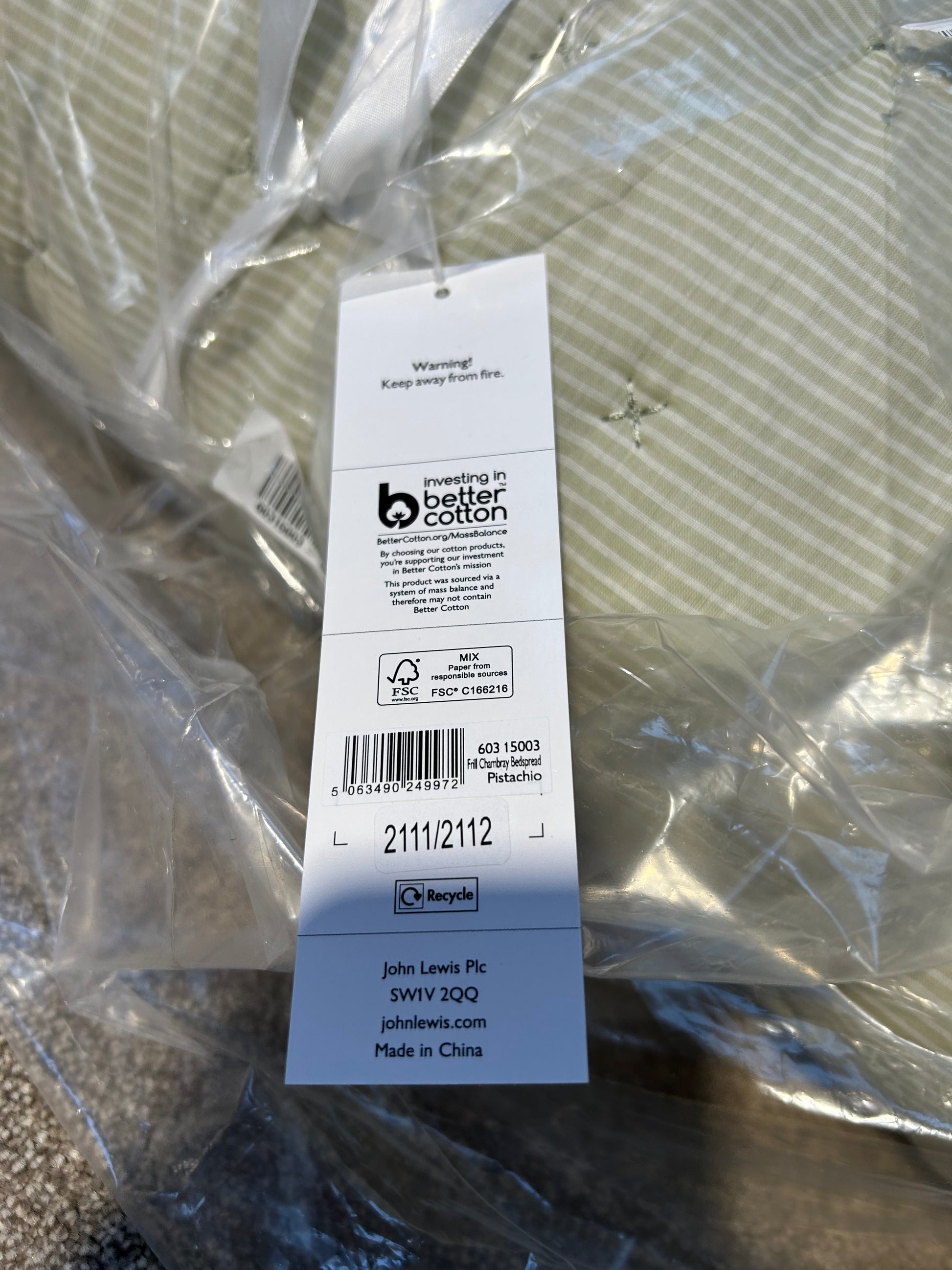 John Lewis Chambray Stripe Reversible Quilted Bedspread, Pistachio