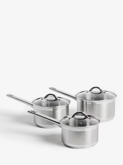 John Lewis Classic Glass Lid Stainless Steel Saucepan Set, 3 Pieces