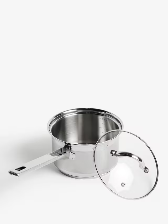 John Lewis Classic Glass Lid Stainless Steel Saucepan Set, 3 Pieces