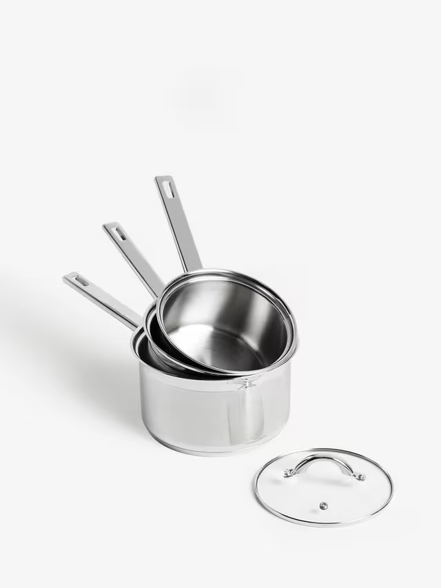 John Lewis Classic Glass Lid Stainless Steel Saucepan Set, 3 Pieces