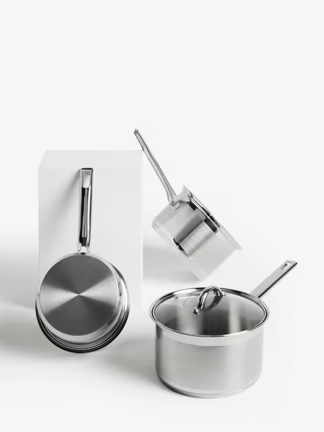 John Lewis Classic Glass Lid Stainless Steel Saucepan Set, 3 Pieces