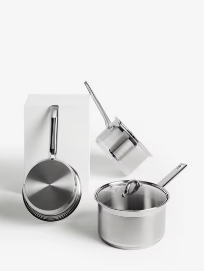 John Lewis Classic Glass Lid Stainless Steel Saucepan Set, 3 Pieces