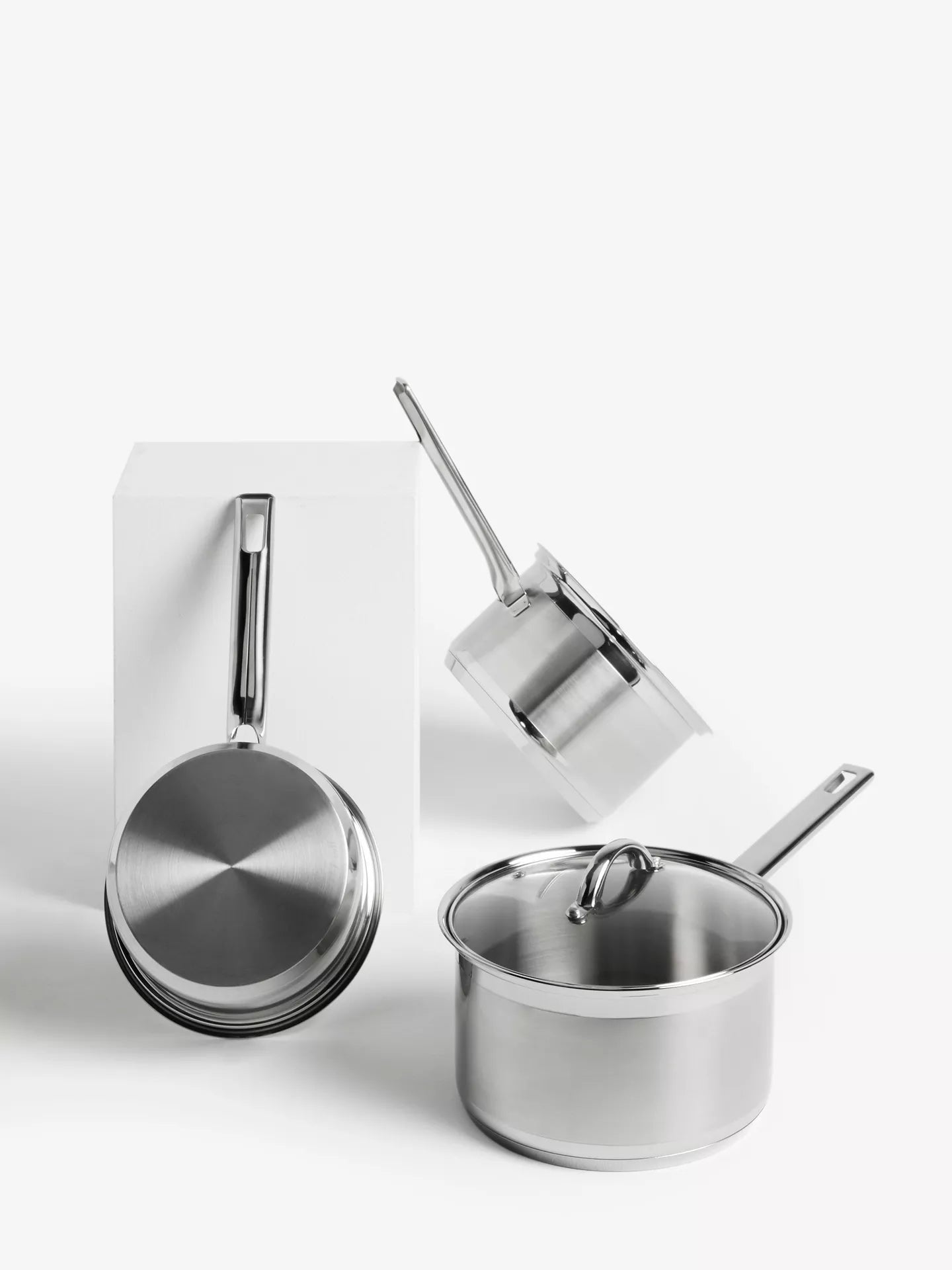 John Lewis Classic Glass Lid Stainless Steel Saucepan Set, 3 Pieces