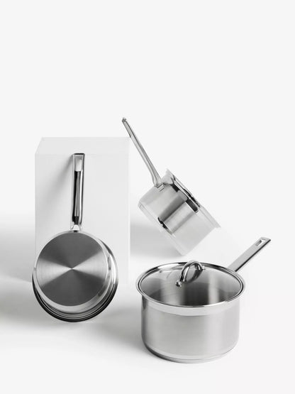 John Lewis Classic Glass Lid Stainless Steel Saucepan Set, 3 Pieces