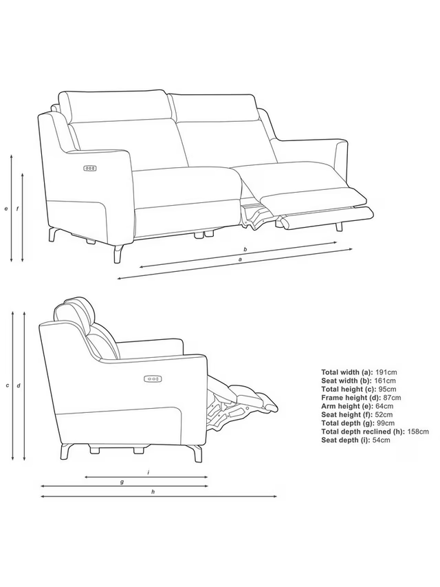 John Lewis Elevate Large 2 Seater Power Recliner Sofa, Metal Leg Aquaclean Baby Blue