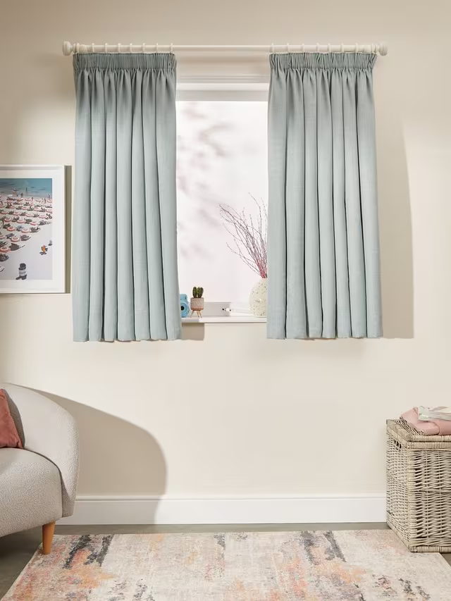 John Lewis Textured Weave Pair Blackout Lined Pencil Pleat Curtains, Duck Egg, W167 x Drop 274cm