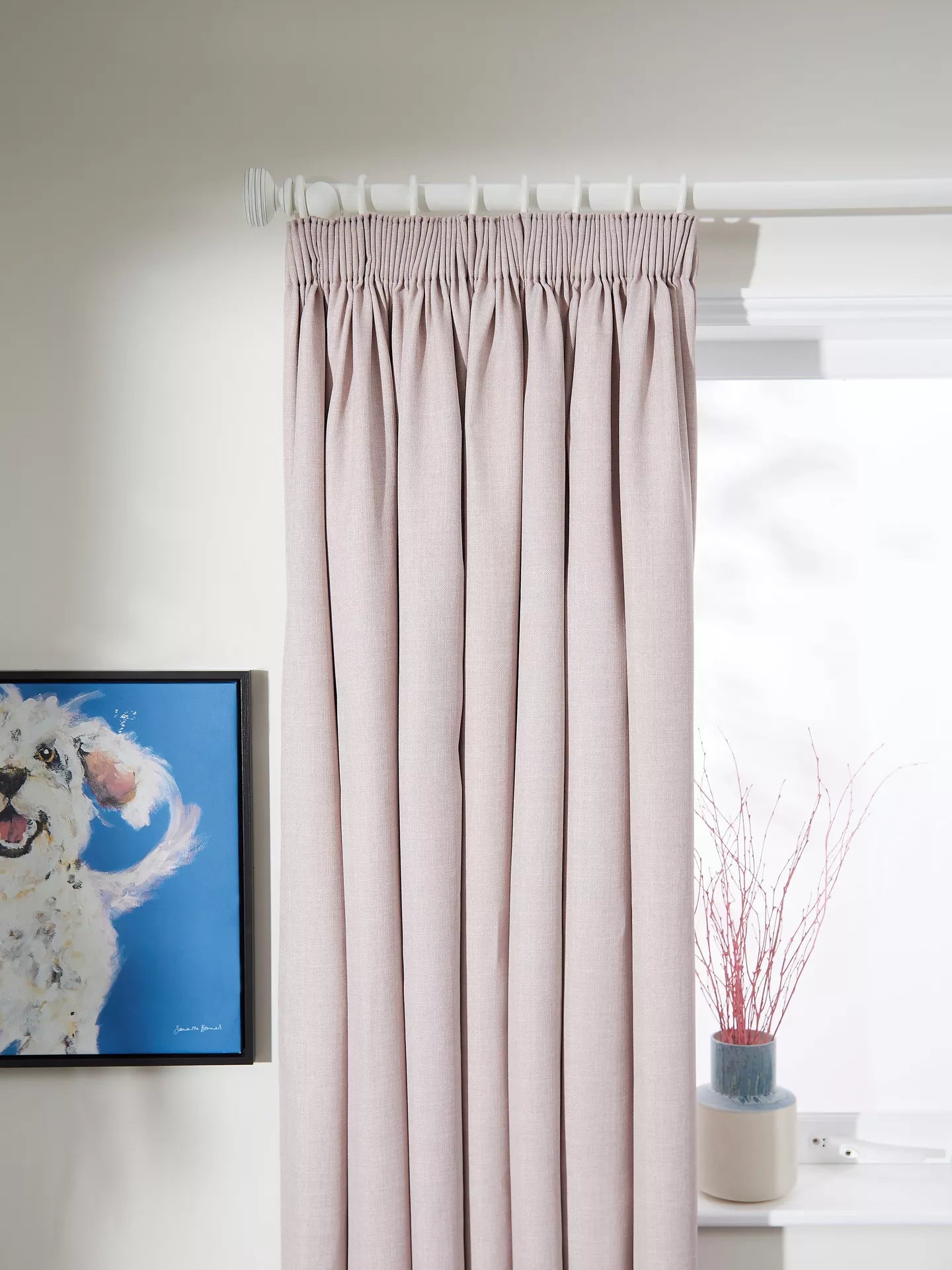 John Lewis Textured Weave Pair Blackout Lined Pencil Pleat Curtains, Rose Pink, W228 x Drop 228cm