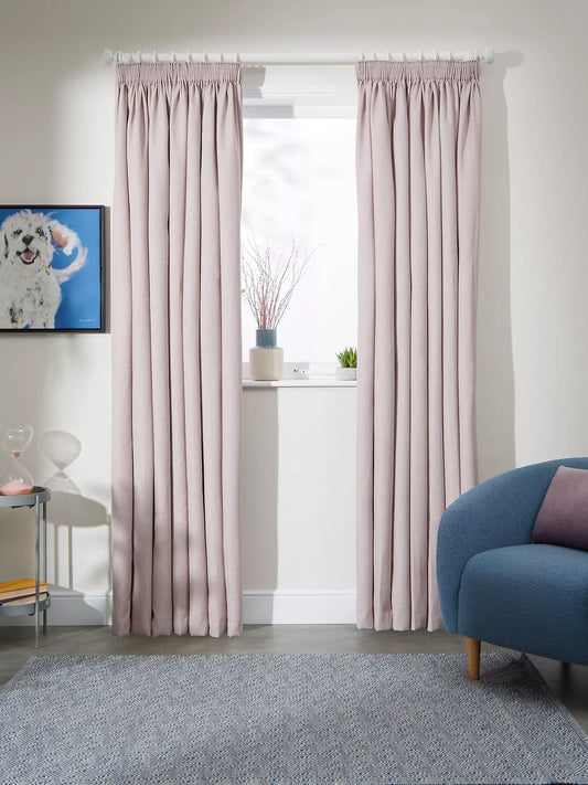 John Lewis Textured Weave Pair Blackout Lined Pencil Pleat Curtains, Rose Pink, W228 x Drop 228cm