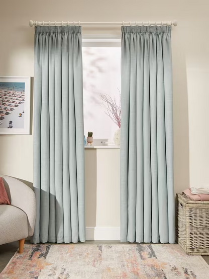John Lewis Textured Weave Pair Blackout Lined Pencil Pleat Curtains, Duck Egg, W167 x Drop 274cm