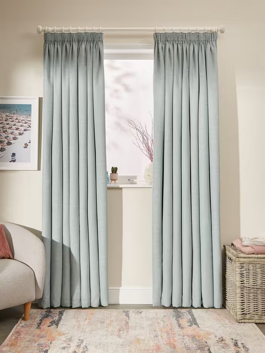 John Lewis Textured Weave Pair Blackout Lined Pencil Pleat Curtains, Duck Egg, W167 x Drop 274cm