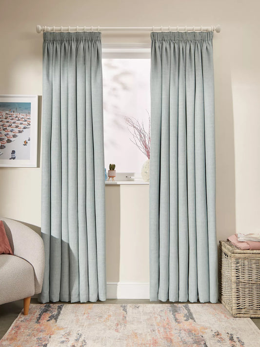 John Lewis Textured Weave Pair Blackout Lined Pencil Pleat Curtains, Duck Egg, W228 x Drop 228cm