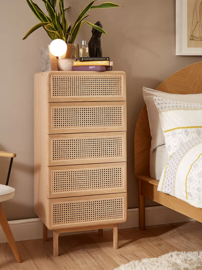 John Lewis Rattan 5 Drawer Tallboy Chest, Oak