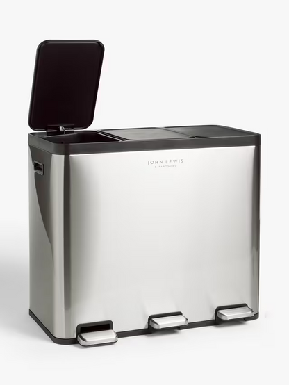John Lewis 3 Section Recycling Pedal Bin, 60L, Brushed Steel