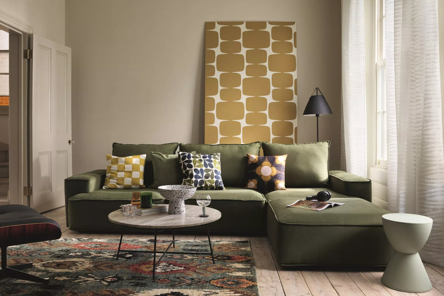 John Lewis Border Footstool, Dark Leg, Relaxed Linen Olive