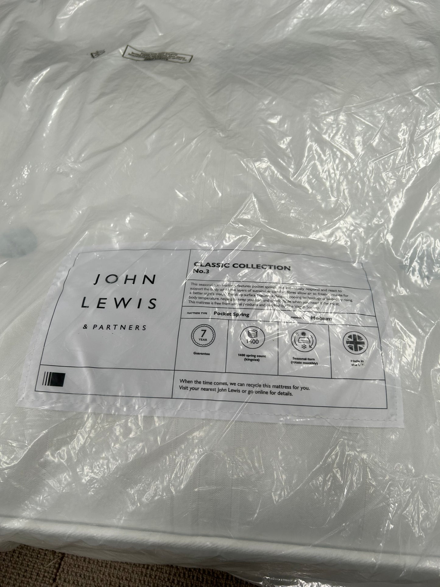 John Lewis Mattress Waitrose Wool NO. 3 Pocket Spring Medium King Size