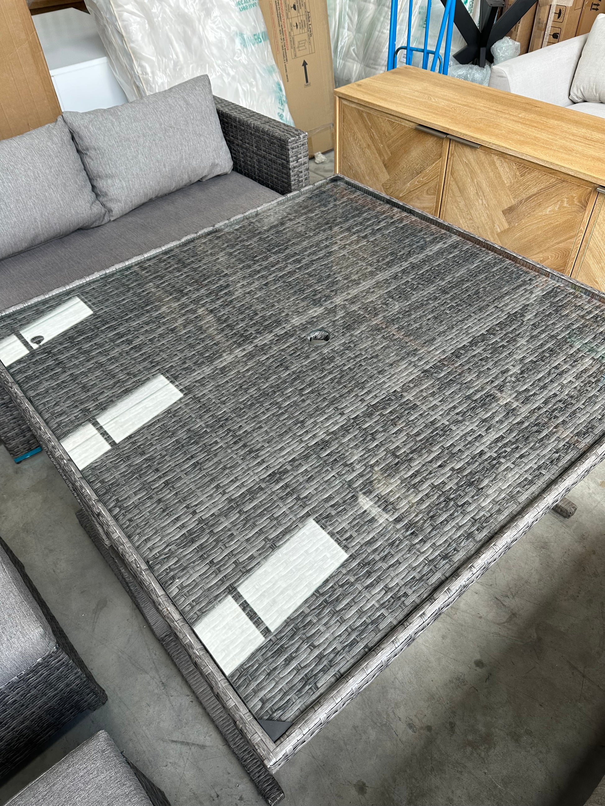 John Lewis Alora Cube 6-Seater Garden Dining Table, Sofas & Stools Set, Brown/Grey