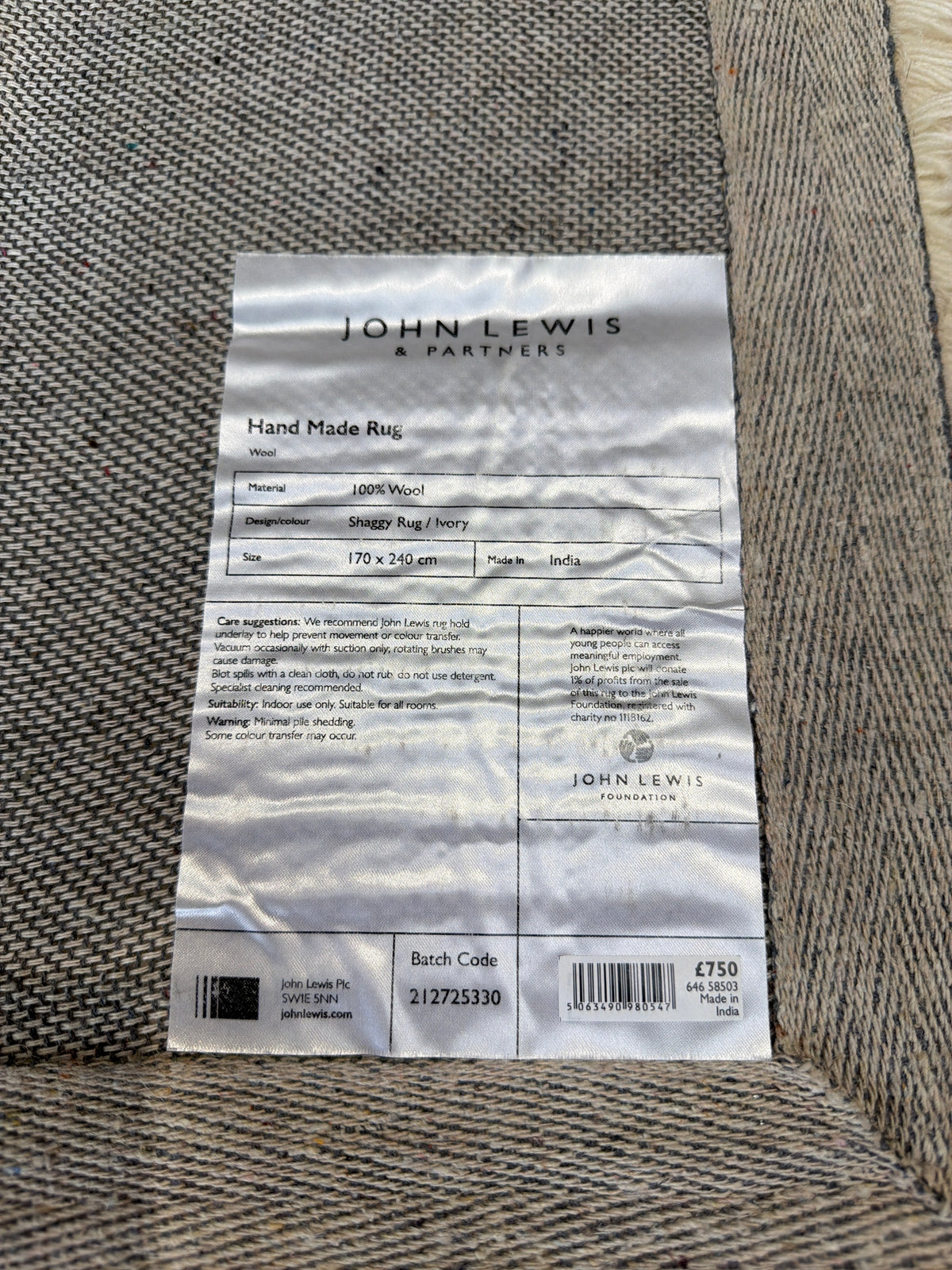 John Lewis Shaggy Pure Wool Rug, Natural, L240 x W170cm