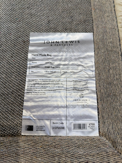 John Lewis Shaggy Pure Wool Rug, Natural, L240 x W170cm